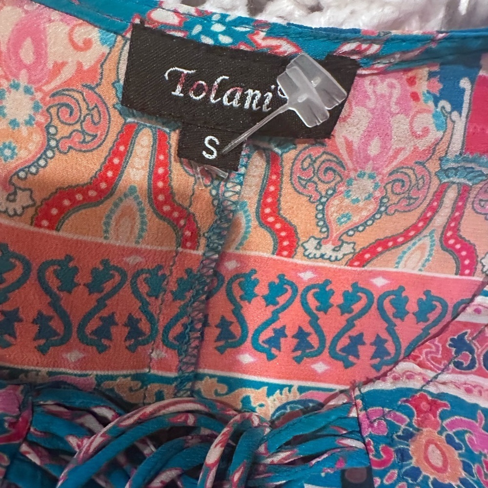 Tolani small Floral Bohemian Women's Top - Blue and Pink asymmetrical silk - Picture 2 of 11